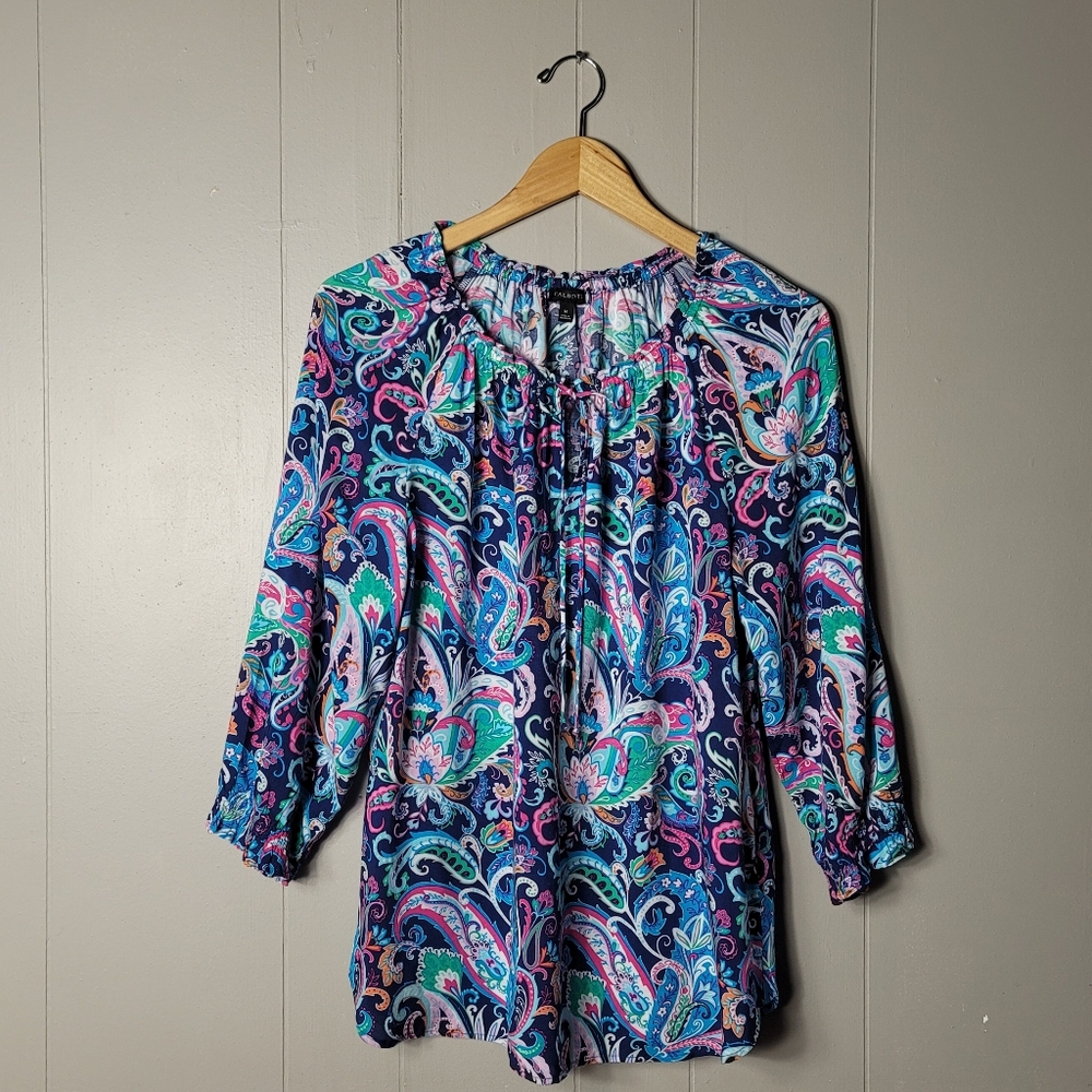 TALBOTS COLORFUL PREPPY PAISLEY PRINT BLOUSE 100% RAYON TIE NECK WOMENS MEDIUM